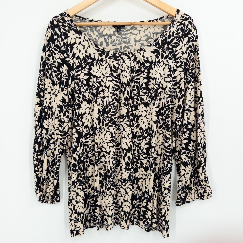 Talbots Woman Black Beige Floral Top Womens 1X Rayon Stretch Office Neutral Boho